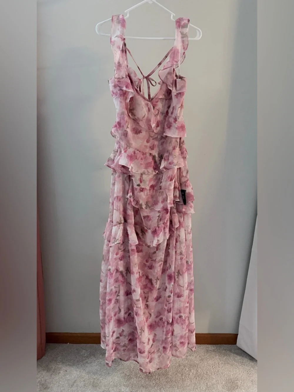 NWT Lulu's Pink Floral Ruffle-Tier Open Back with Tie Maxi Dress XL - Picture 5 of 9